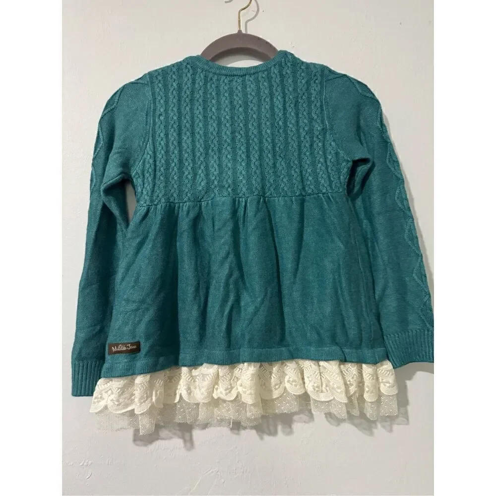 Matilda Jane NWT teal knit lace trim sweater floral patch pocket cute button fro